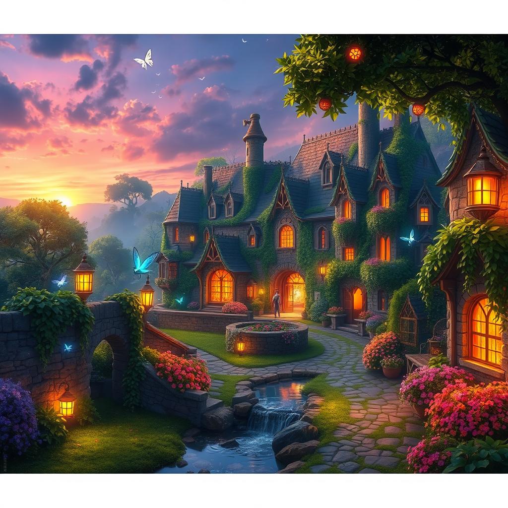 A high-resolution fantasy landscape featuring the enchanting town of Selani, characterized by its vine-covered stone walls, colorful flower gardens, and whimsical architecture