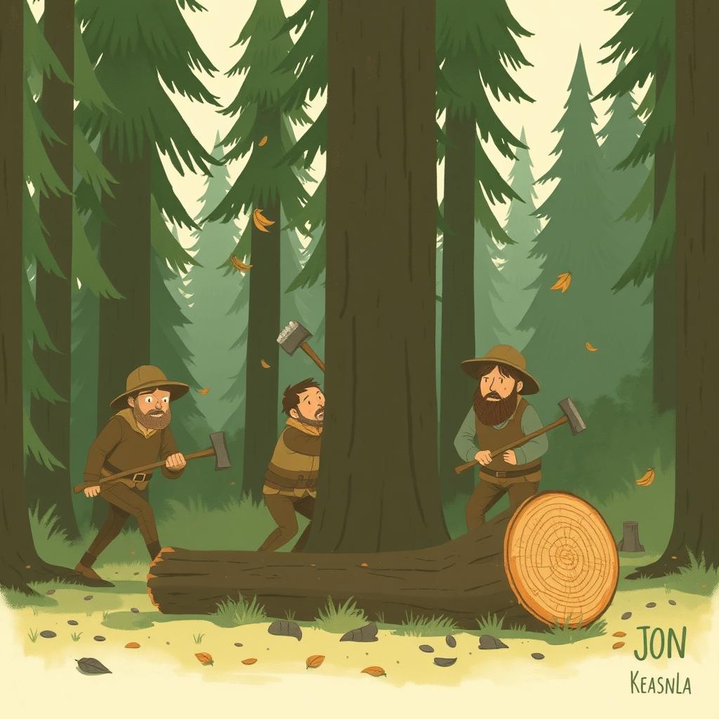 A group of workers actively chopping down trees, depicted in the unique illustrative style of Jon Klassen, with a whimsical yet serious atmosphere