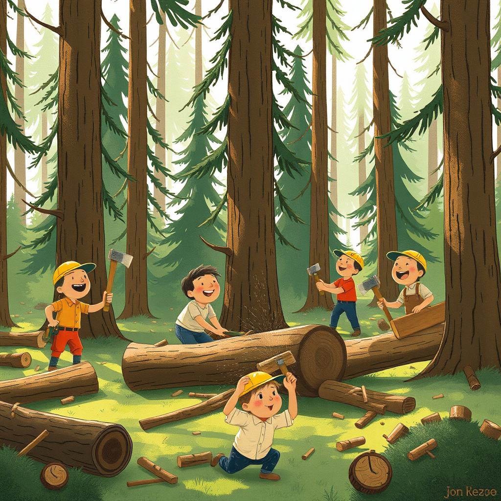 A group of workers engaged in cutting down trees in a forest, illustrated in the whimsical style of Jon Klassen