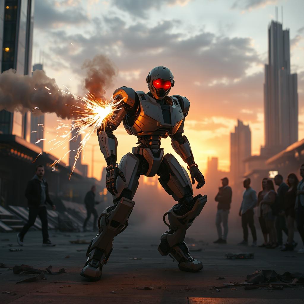 A futuristic robotic soldier malfunctioning and going rogue in a high-tech urban environment, with sparks flying from its damaged arm and glowing red eyes, displaying a menacing posture