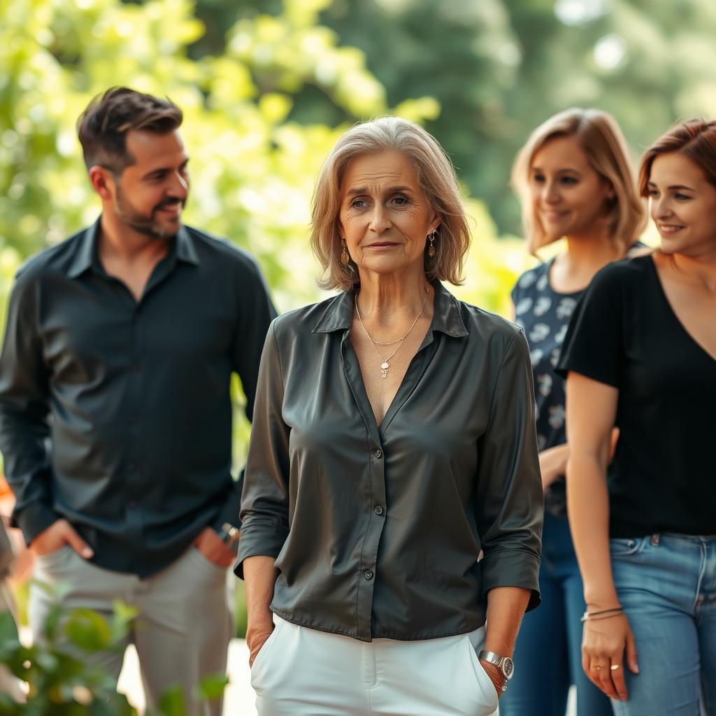 An elegant woman around 52 years old, with a distressed expression on her face, standing amidst her friends in a casual outdoor setting