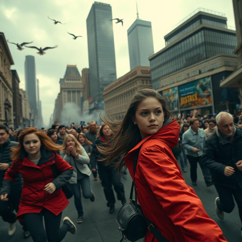A chaotic scene depicting a bustling city square where people are fleeing in panic, their faces filled with fear and urgency