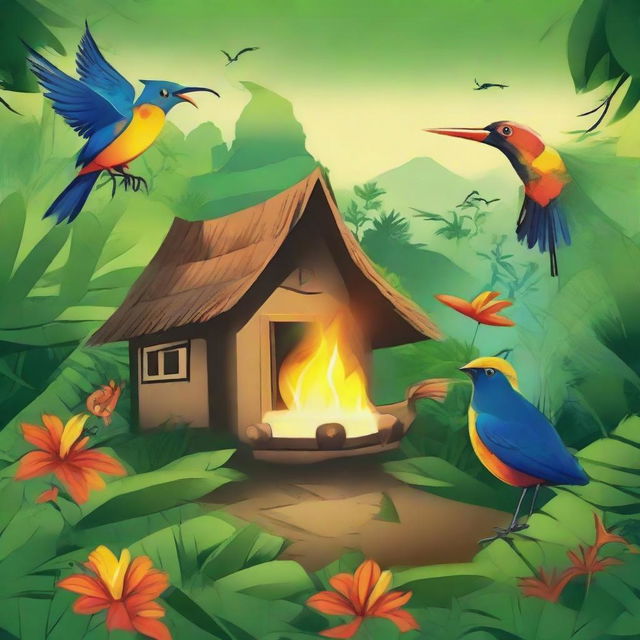 Three houses in a jungle setting, a magic bird spreading fire amongst the wild jungles inhabitants - the native people, all radiating joy