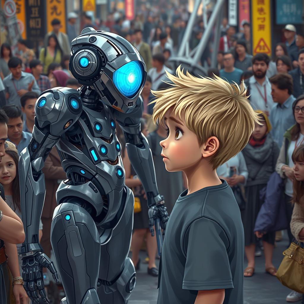 A scene depicting a young boy with striking blond hair, gazing curiously at a futuristic robot among a bustling crowd