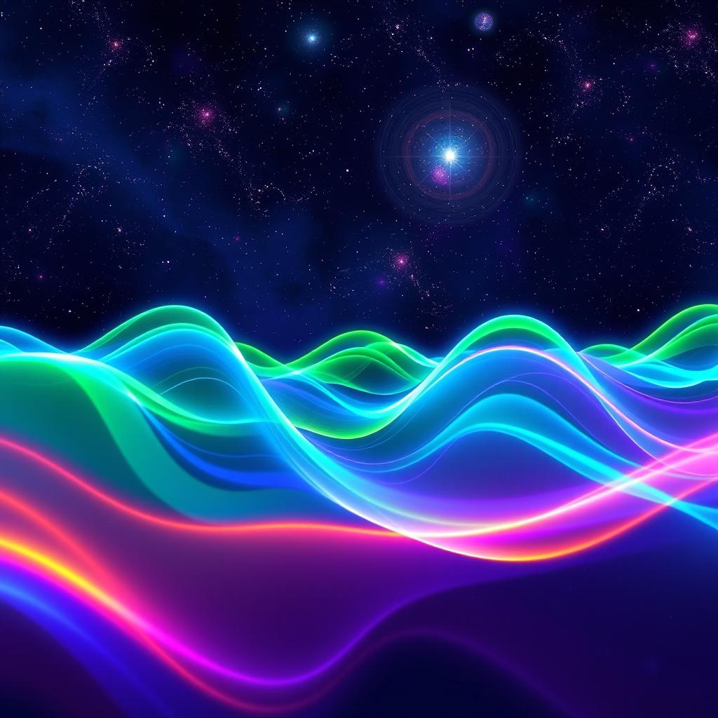 A mesmerizing visualization of vibrational frequency, showcasing vibrant waves in a spectrum of colors like deep blues, electric greens, and radiant purples