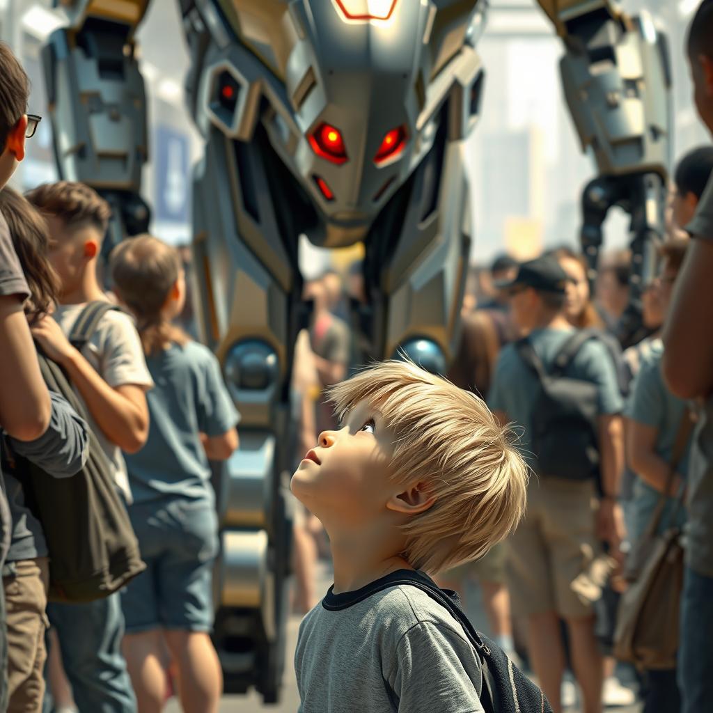 A realistic scene of a boy with blond hair, standing in a bustling crowd, intently gazing up at a tall, futuristic robot