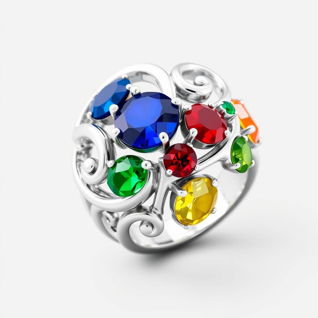A stunning ring designed with intricate shapes and a vibrant color palette inspired by the image provided