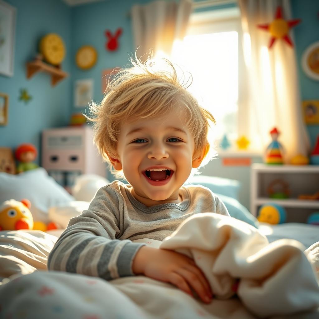 A young boy with tousled blond hair waking up in a bright, cheerful bedroom filled with colorful toys and warm sunlight streaming through the window