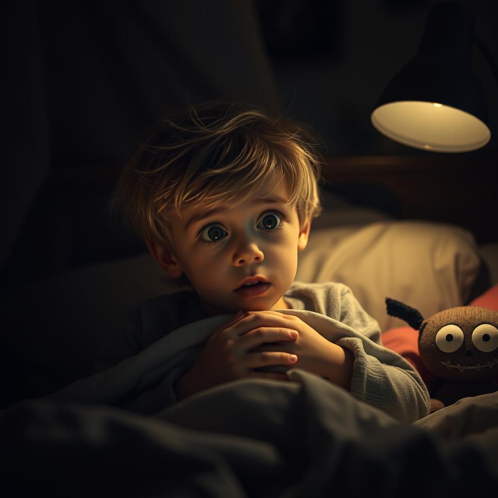 A young boy with tousled blond hair waking up in a dimly lit room, his wide eyes reflecting fear