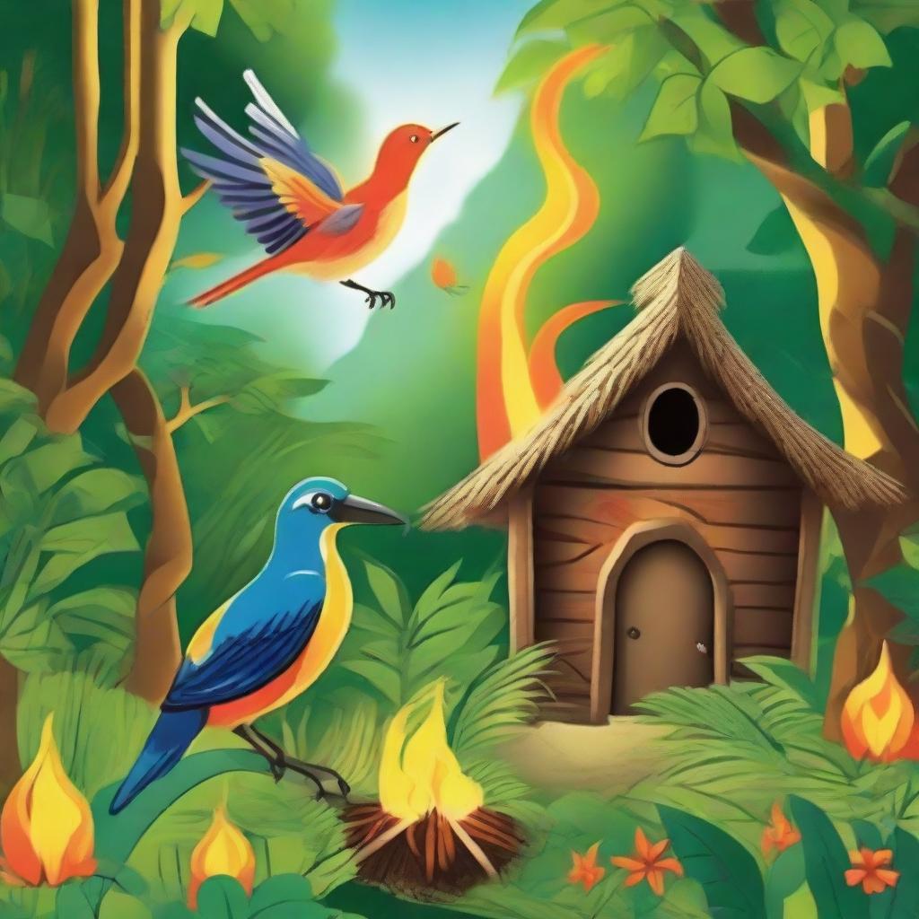 Three houses in a jungle setting, a magic bird spreading fire amongst the wild jungles inhabitants - the native people, all radiating joy