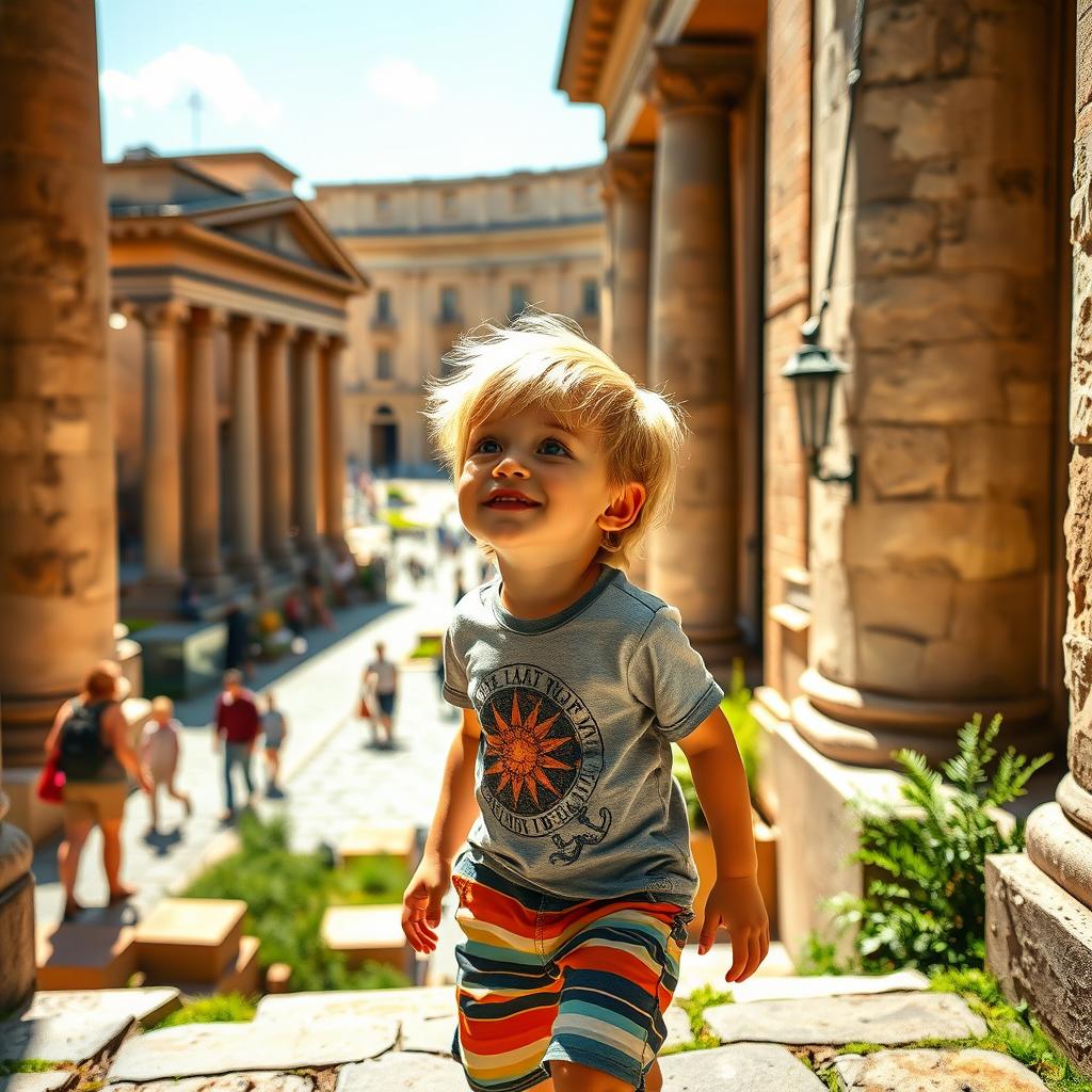 A young boy with bright blond hair stepping out of a historically rich Roman building, his expression filled with wonder and excitement