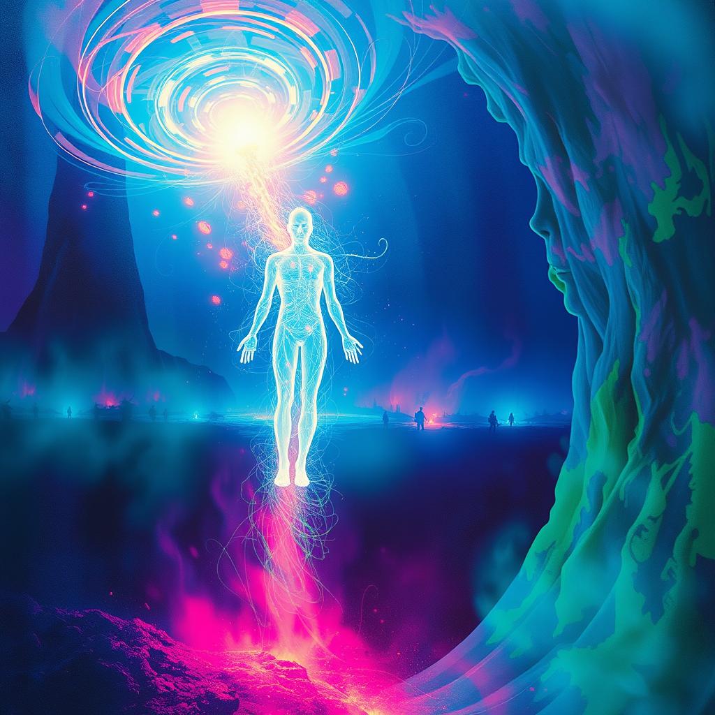 An ethereal representation of an out-of-body experience inspired by concepts from CIA's GATE project, depicting an observer's spirit or consciousness entering a colorful and abstract interpretation of an enemy territory