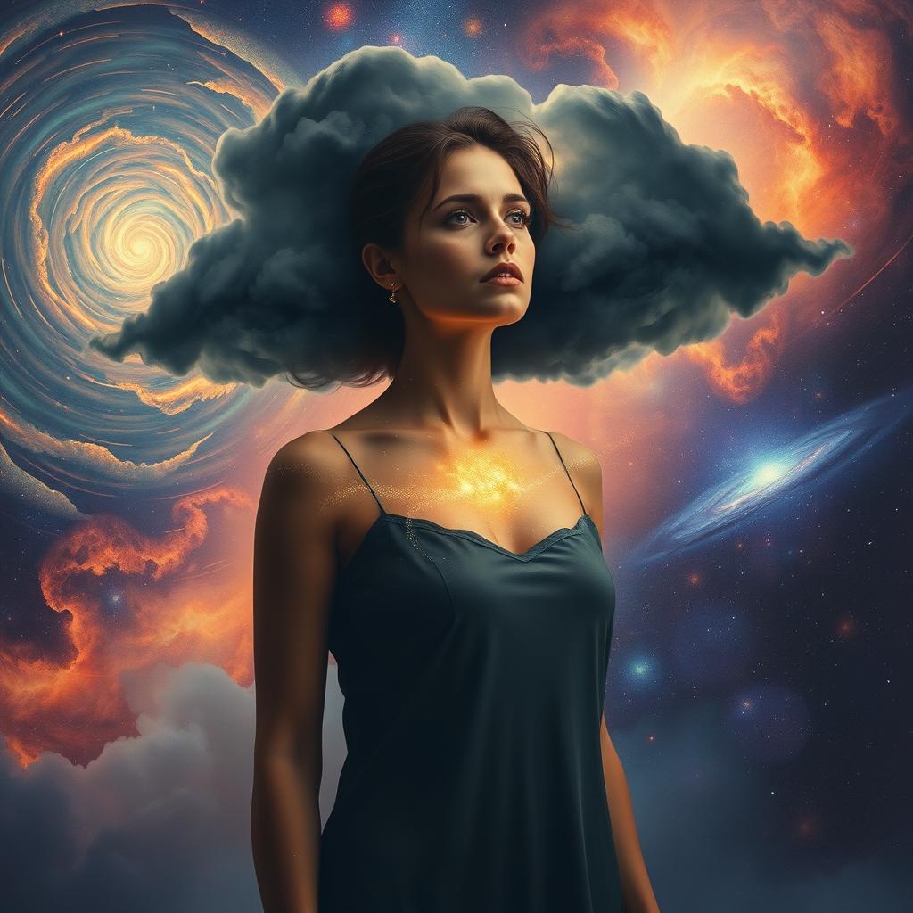 A contemplative woman standing alone in a cosmic landscape, her expression reflecting deep emotions like resentment, sorrow, envy, and anger