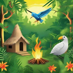 Three houses in a jungle setting, a magic bird spreading fire amongst the wild jungles inhabitants - the native people, all radiating joy