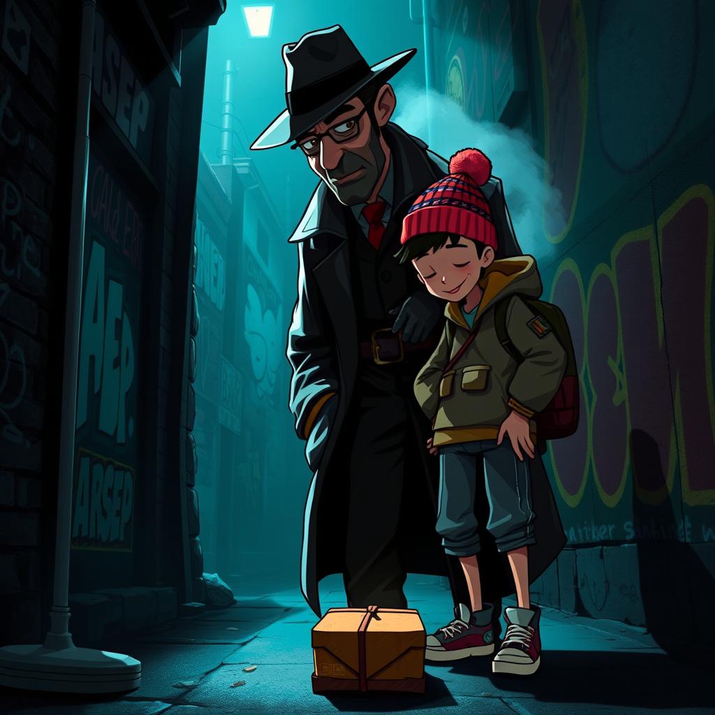 Asep the detective, a sharp-eyed, middle-aged man with a fedora and a trench coat, stands in a shadowy alley
