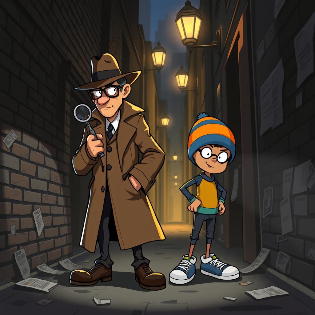 A dynamic and intriguing scene featuring Detective Asep and his sidekick Jamet, standing in a dimly lit alley filled with shadows, showcasing their unique personalities