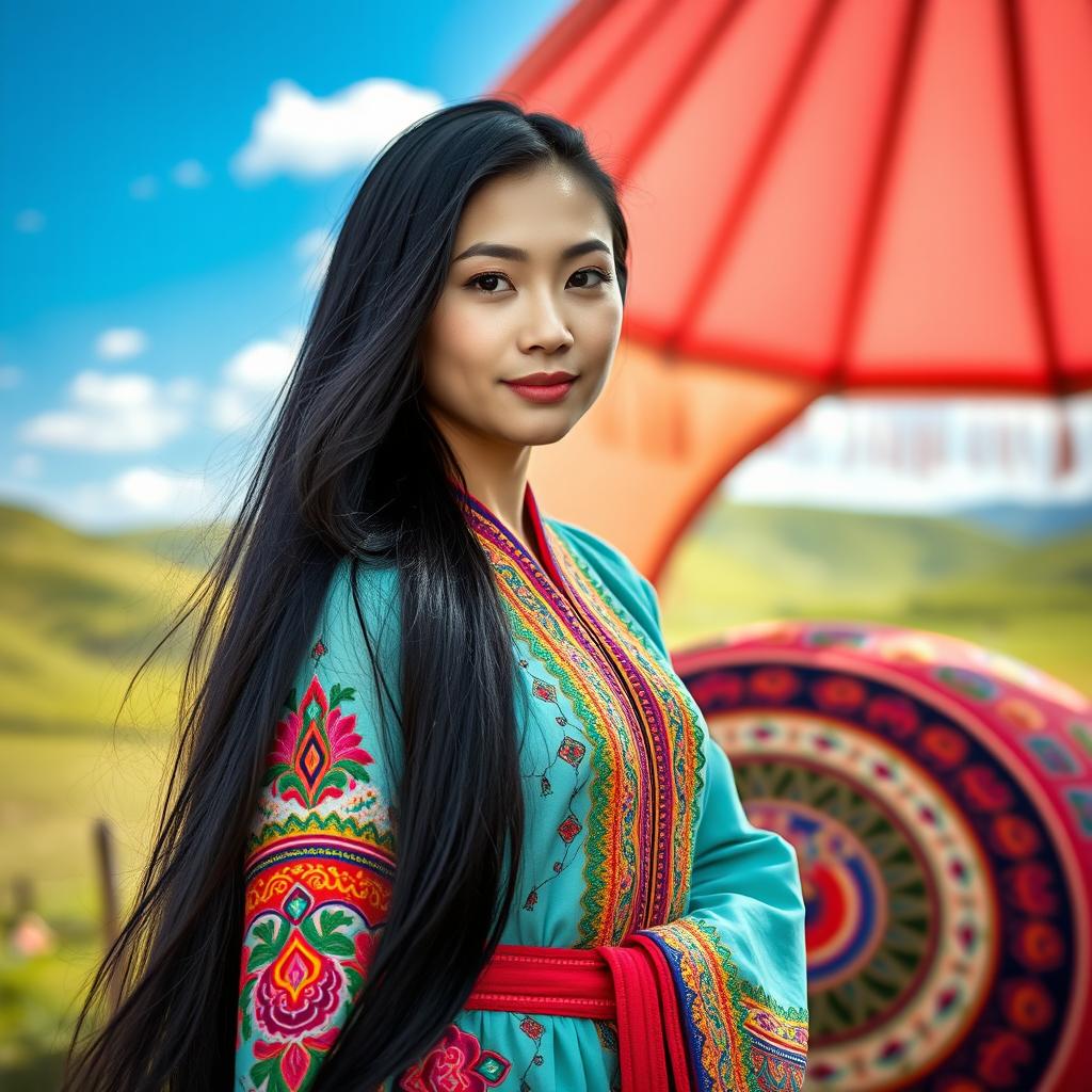 A beautiful young woman with long, flowing black hair, wearing a traditional Mongolian ger outfit