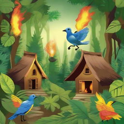 Three houses in a jungle setting, a magic bird spreading fire amongst the wild jungles inhabitants - the native people, all radiating joy