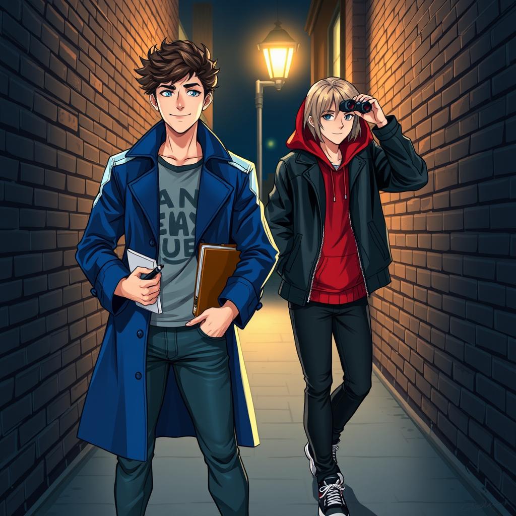 Two teenage male detectives standing in a dimly lit alley, both wearing stylish yet casual outfits