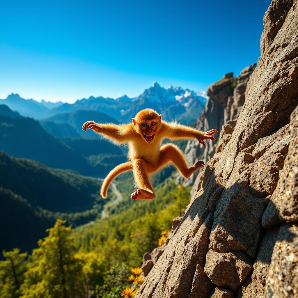A captivating and dynamic image of a monkey energetically climbing a steep mountain, showcasing its agility and inquisitive nature amidst a breathtaking natural landscape
