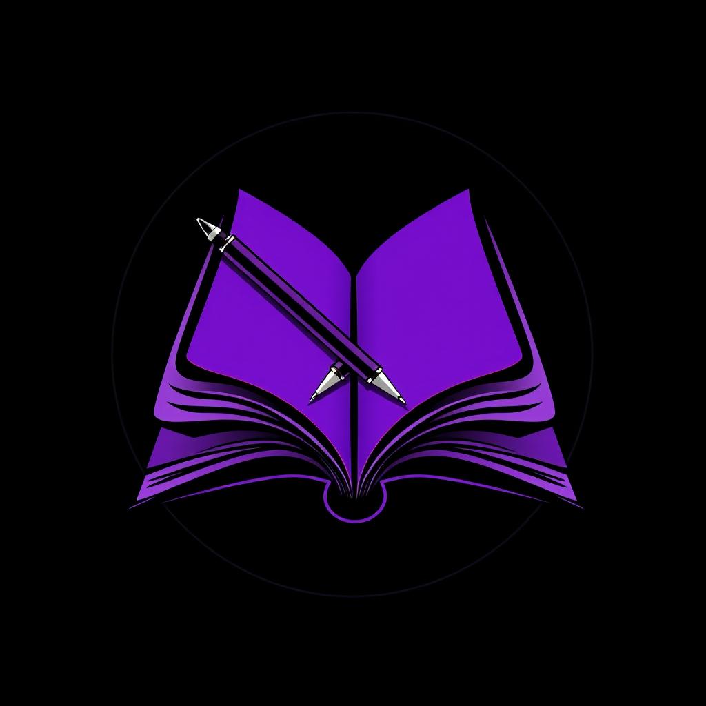 A logo design for a Complicated Polymer communication group, featuring elements such as books, pens, and the colors purple and black