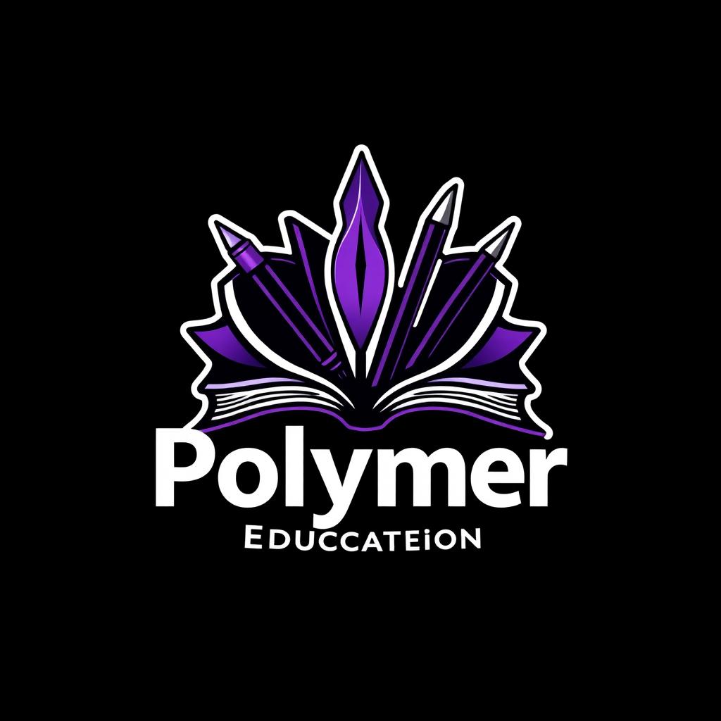 A logo design for a complicated Polymer education group featuring artistic representations of books and pens, incorporating a striking purple and black color palette
