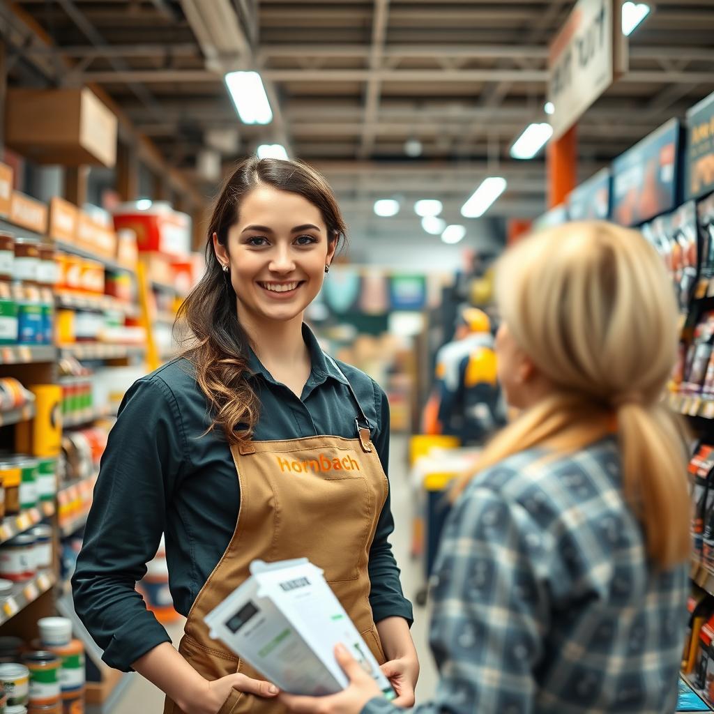 A confident young woman in a DIY store, wearing a Hornbach uniform
