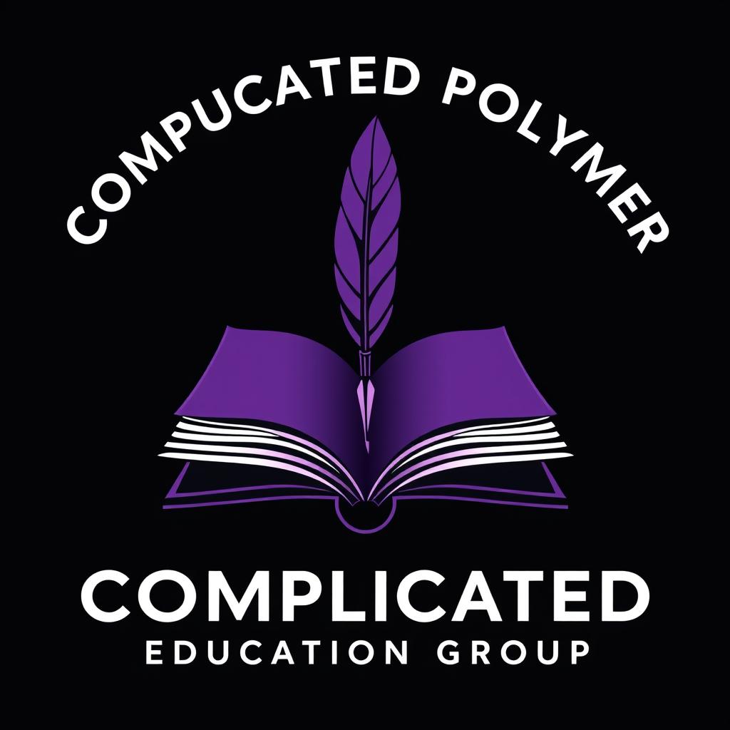 A logo for a Complicated Polymer education group, featuring an open book at the center with a quill pen placed elegantly on top