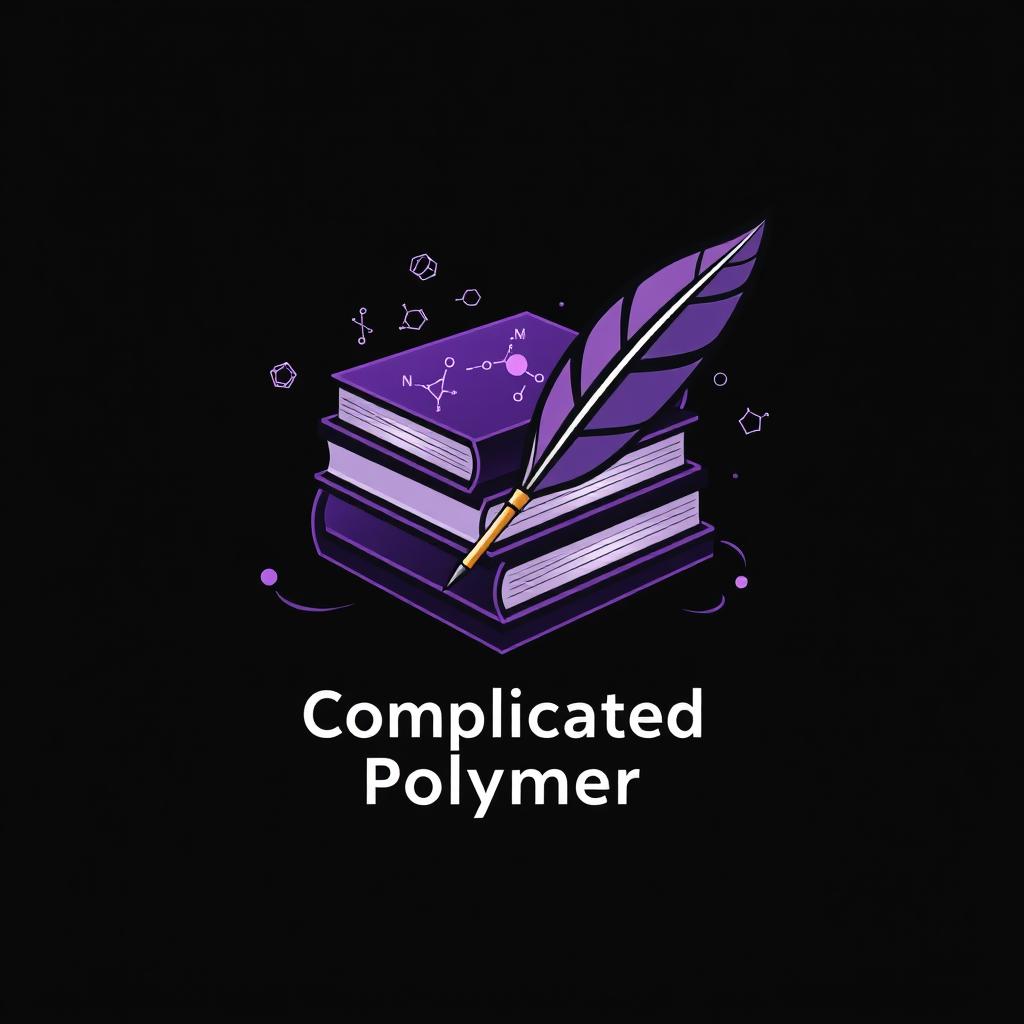 A modern and intricate logo design for a Complicated Polymer education group, featuring a stack of books and a quill pen creatively intertwined