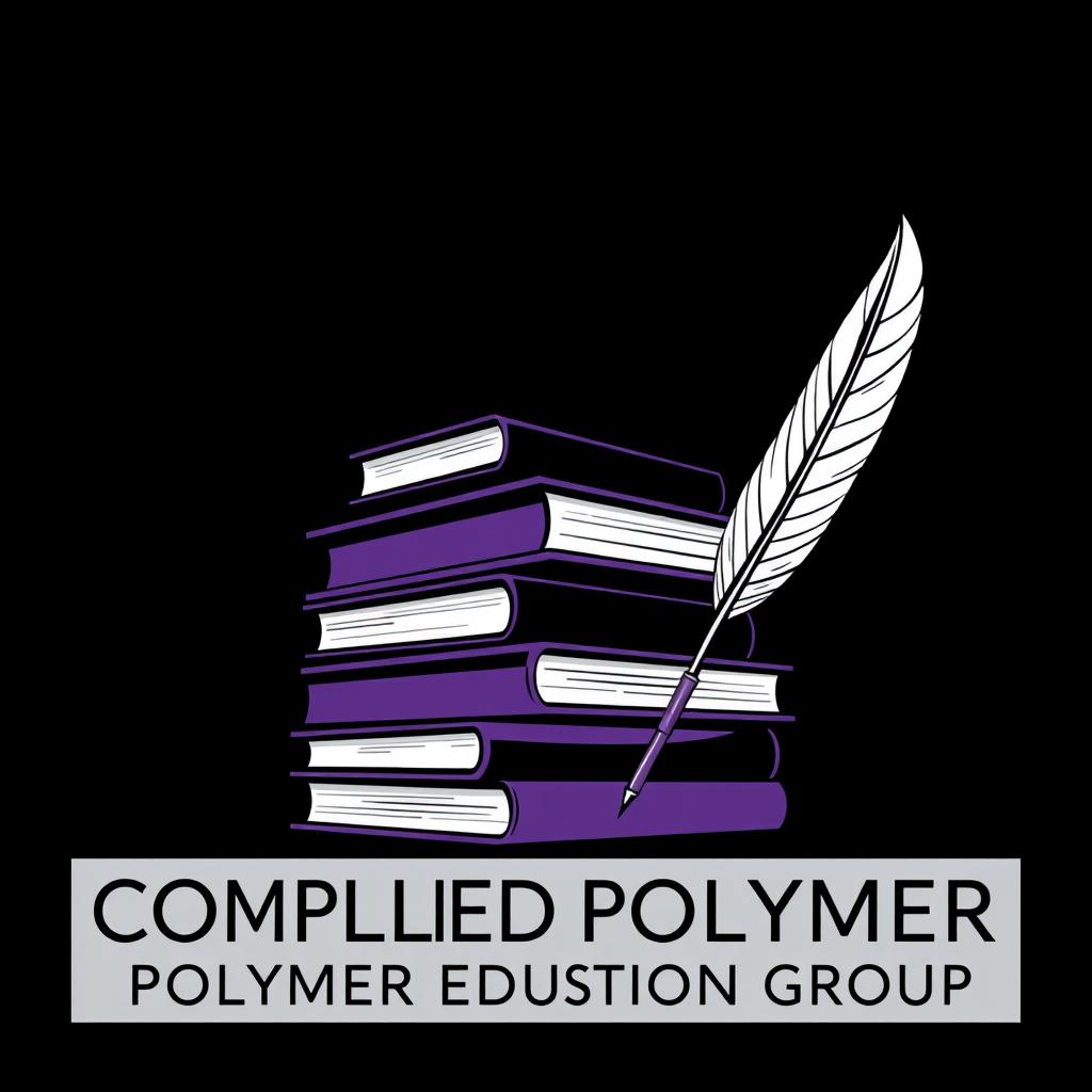 A logo design for a complicated Polymer education group featuring books stacked in an artistic manner, a vintage quill pen elegantly positioned nearby, all set against a sleek black background