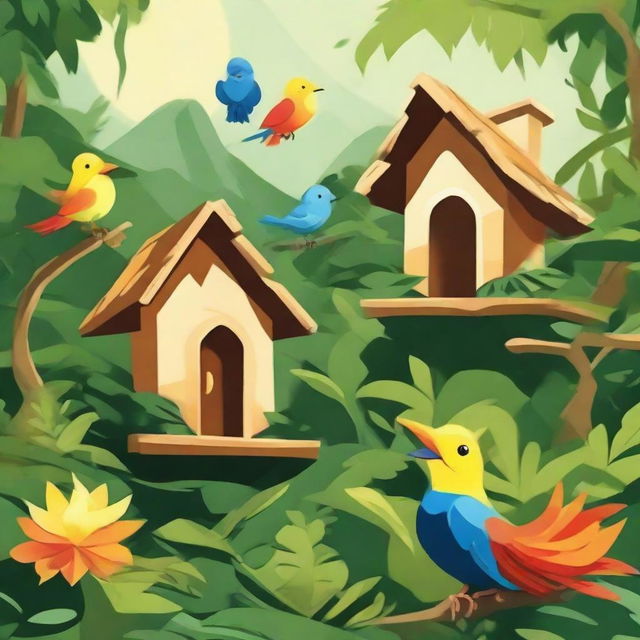 Three houses nestled in a jungle, where a magical bird disperses fire to the wild jungle dwellers; their smiles indicative of their happiness.