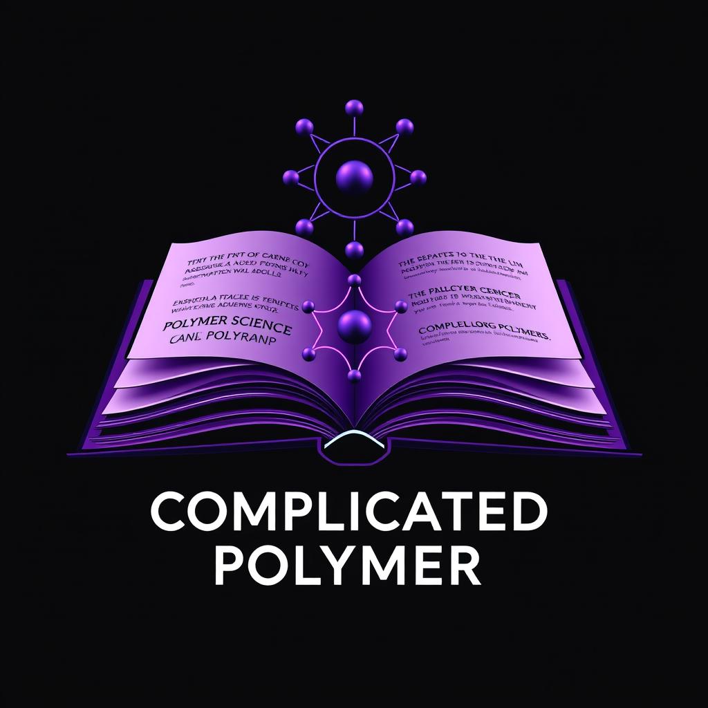 A sophisticated and visually striking logo for a Complicated Polymer education group, featuring an open book showcasing polymer science concepts