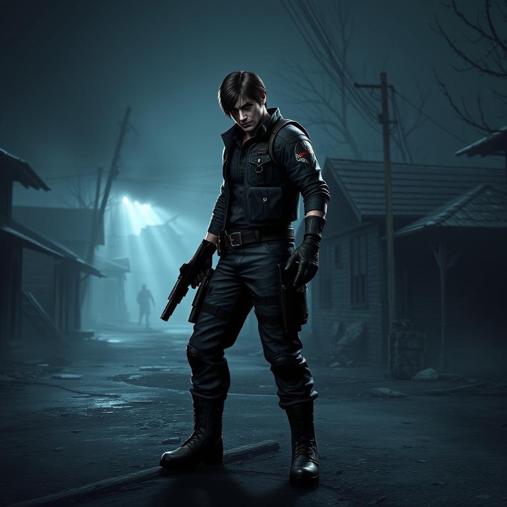 A dynamic scene set in the dark, eerie village of Resident Evil 4 Remake, featuring a user as Leon's partner