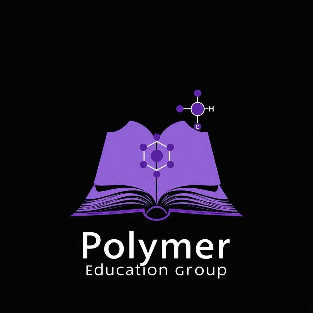 A detailed and sophisticated logo design for a Polymer education group, incorporating elements such as open books symbolizing knowledge and learning, paired with a schematic illustration of a long chain polymer atom structure