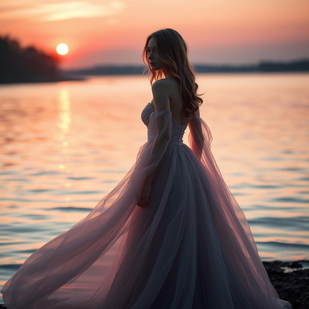 an elegant woman in a flowing, ethereal gown standing by a serene lake at sunset, her hair cascading down her shoulders, surrounded by soft, warm light that creates a magical ambiance, reflecting colors of pink and orange on the water's surface, creating a dreamy atmosphere