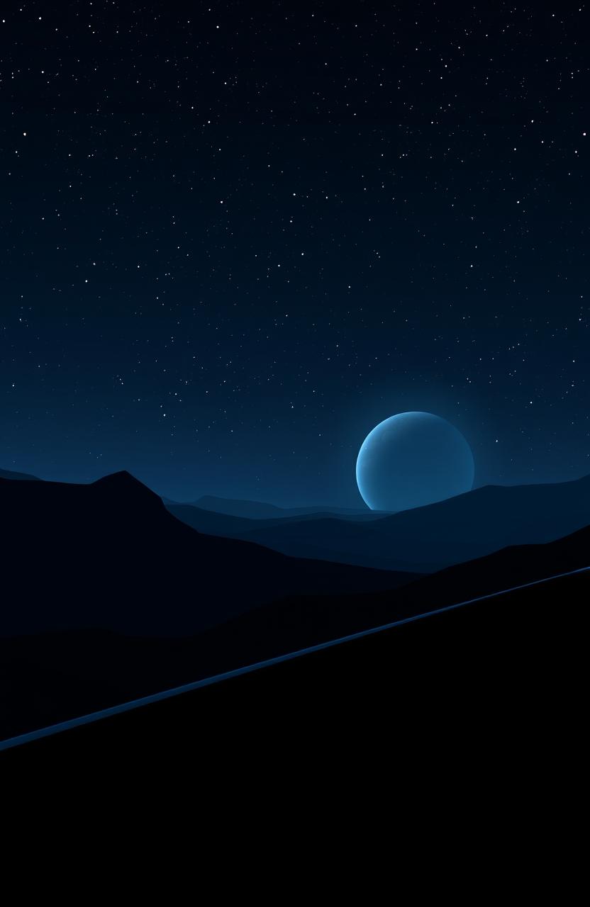 A minimalist sci-fi landscape depicting a mysterious night sky filled with twinkling stars and a faint glow of distant planets