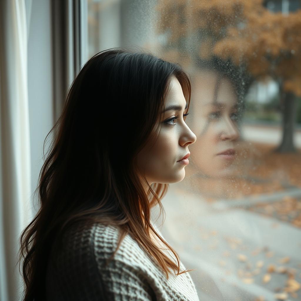A woman gazing out through a large glass window, autumn leaves scattered on the ground outside, her expression one of profound sadness and contemplation