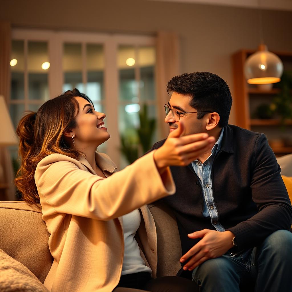 A confident woman extending her hand to lift her husband from the sofa, gazing directly into his eyes with a warm smile