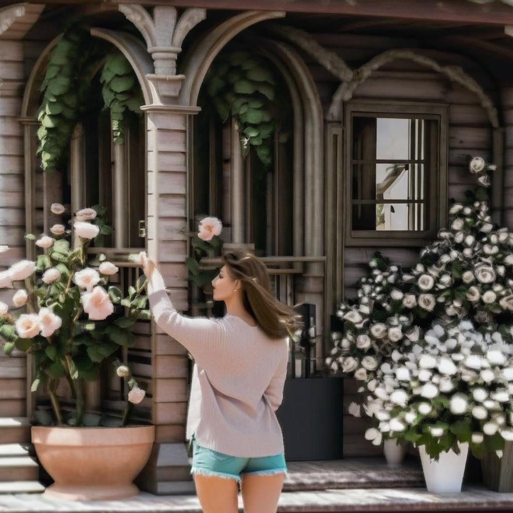 charming wooden house whit flowers roses