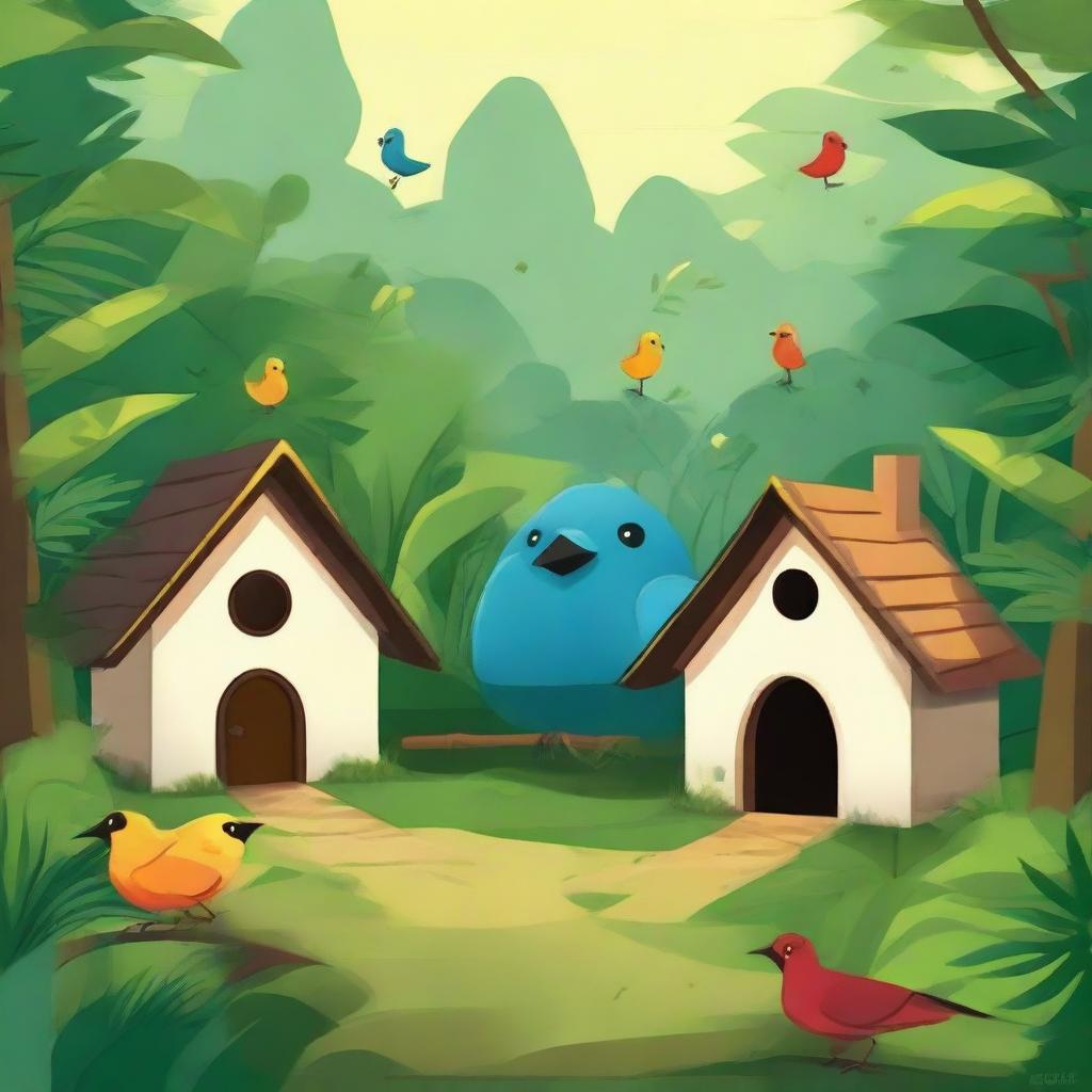 Three houses nestled in a jungle, where a magical bird disperses fire to the wild jungle dwellers; their smiles indicative of their happiness.