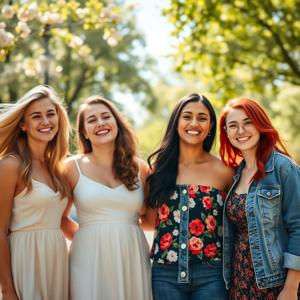 A captivating cinematic photograph featuring four beautiful women smiling and looking joyful together