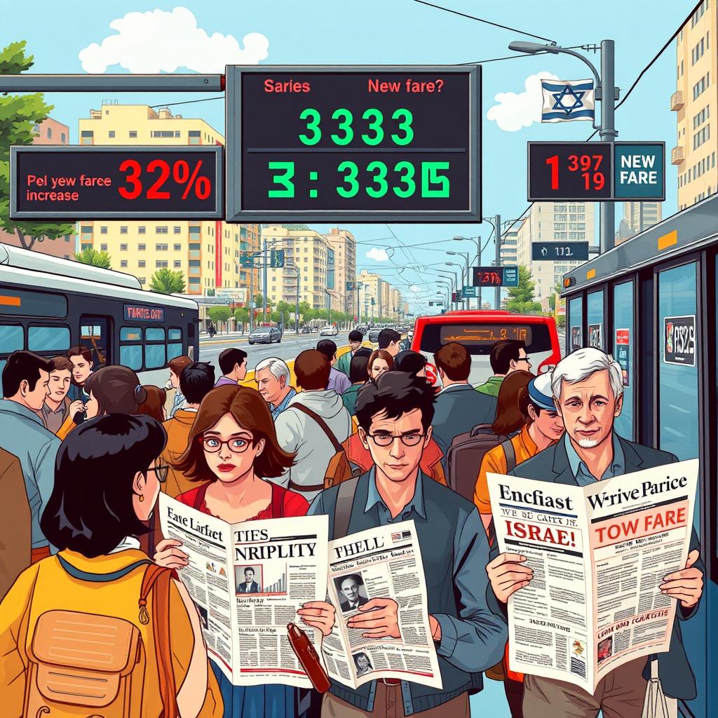 A realistic image depicting public transportation in Israel, highlighting the impact of a 33% increase in prices