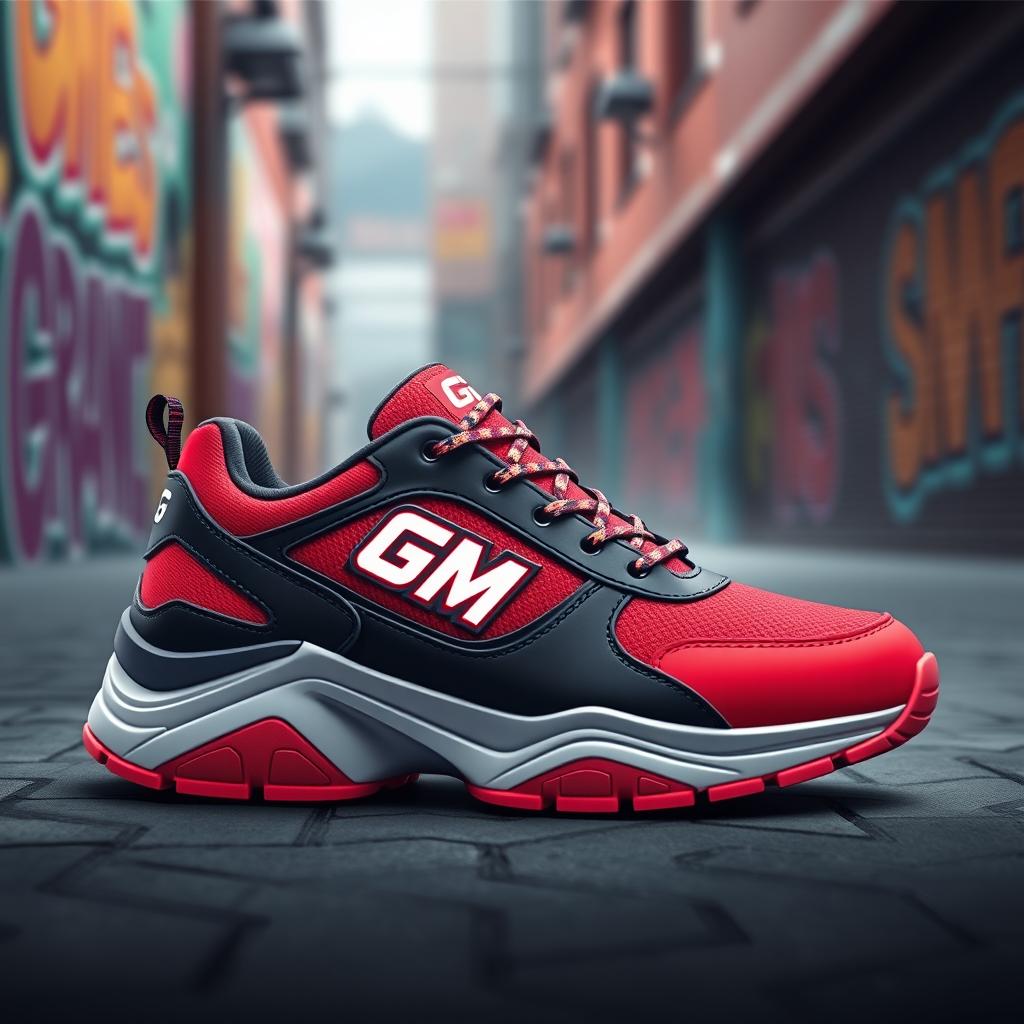 A trendy sneaker design featuring a modern silhouette and a unique 'GM' logo prominently displayed on the side