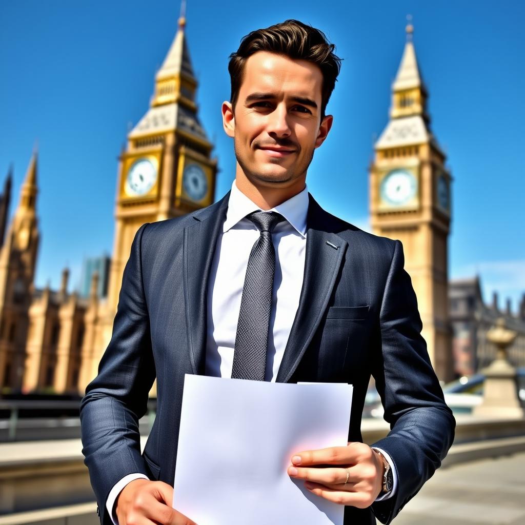 A professional man wearing a tailored suit, standing confidently in front of iconic London landmarks like Big Ben and the Houses of Parliament