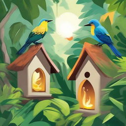 Three houses nestled in a jungle, where a magical bird disperses fire to the wild jungle dwellers; their smiles indicative of their happiness.