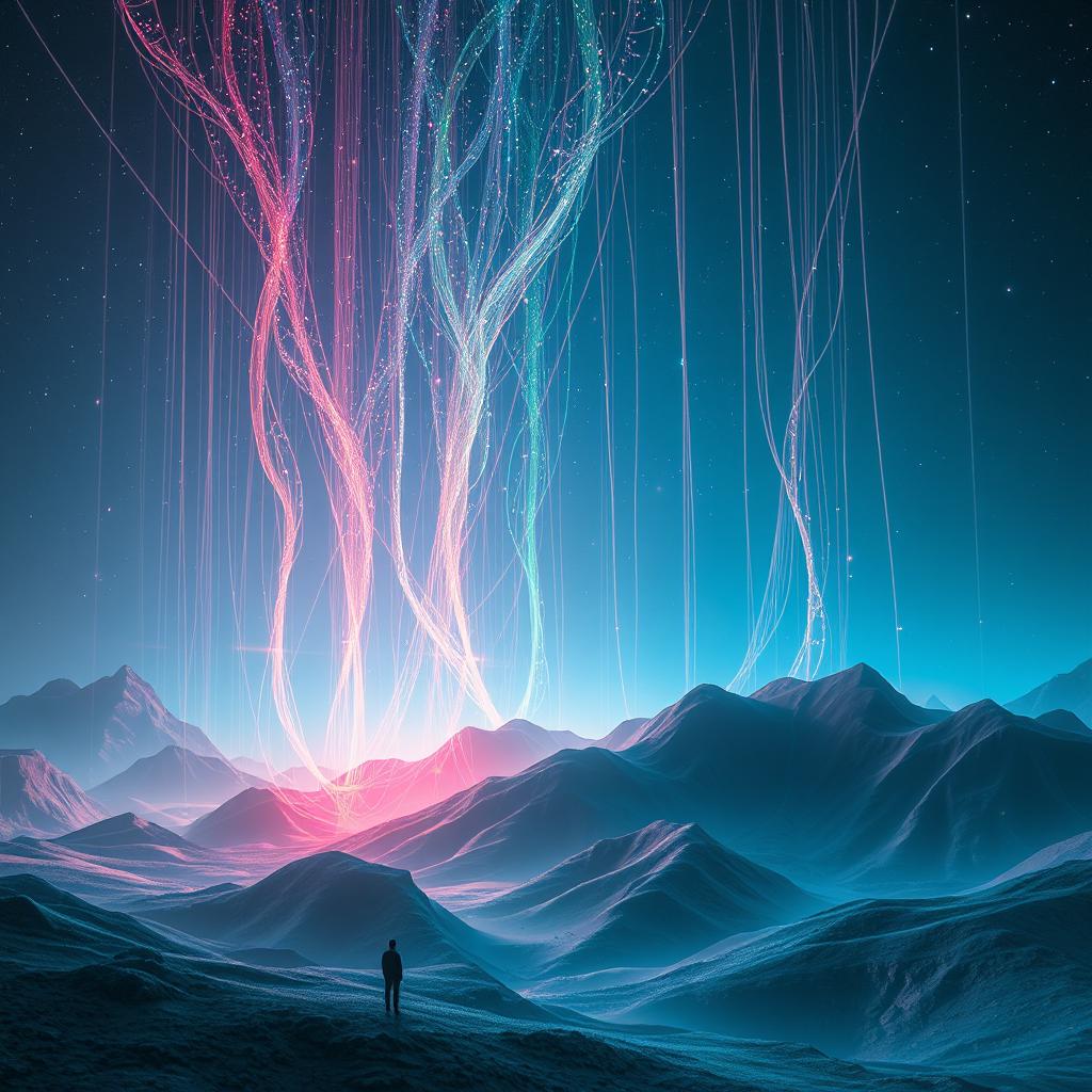 A stunning, surreal landscape inspired by quantum mechanics, featuring delicate filaments of wave function collapse descending from the sky