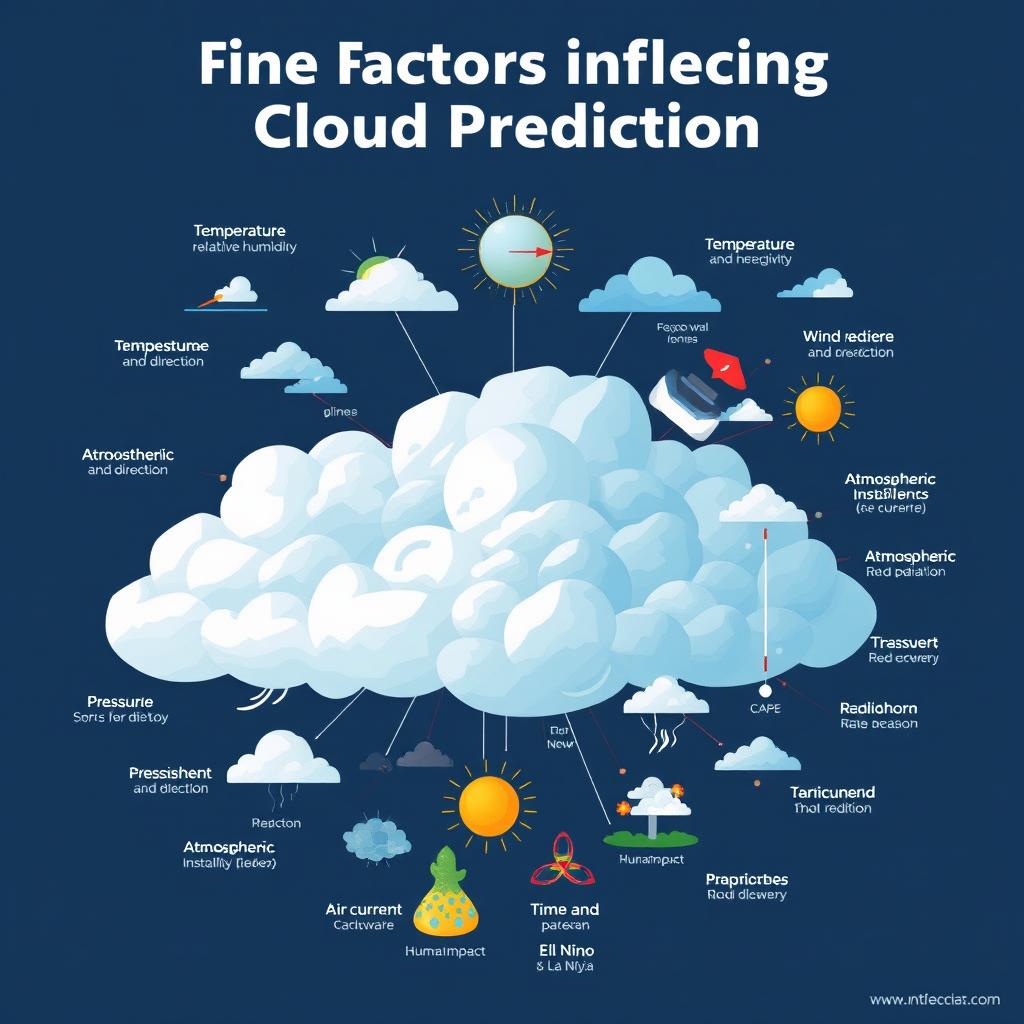A conceptual design illustrating all the factors influencing cloud prediction: temperature, relative humidity, atmospheric pressure, wind speed and direction, solar radiation, topographic elevation, atmospheric instability index (like CAPE), atmospheric movements (air currents), human impact, time and season, and weather patterns (like El Niño and La Niña)