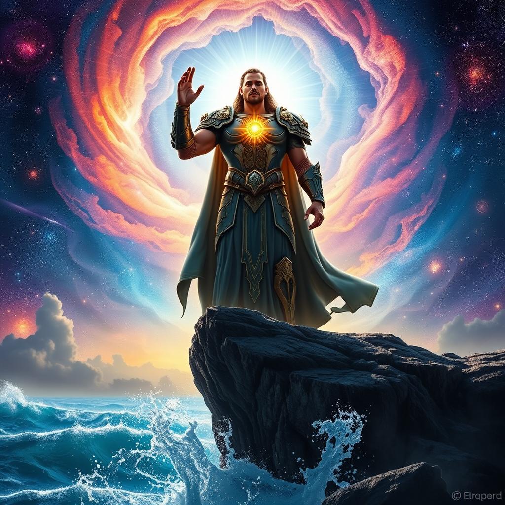 An epic scene depicting a powerful figure standing majestically on a cliff facing the cosmos