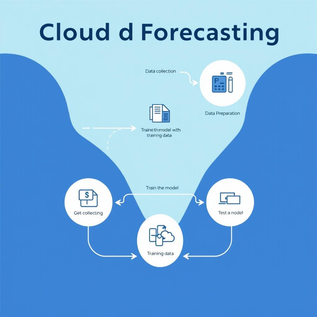 A detailed infographic illustrating the cloud forecasting process, including stages such as data collection, data preparation, data partitioning, model preparation, training the model with training data, testing the model, and evaluating the model