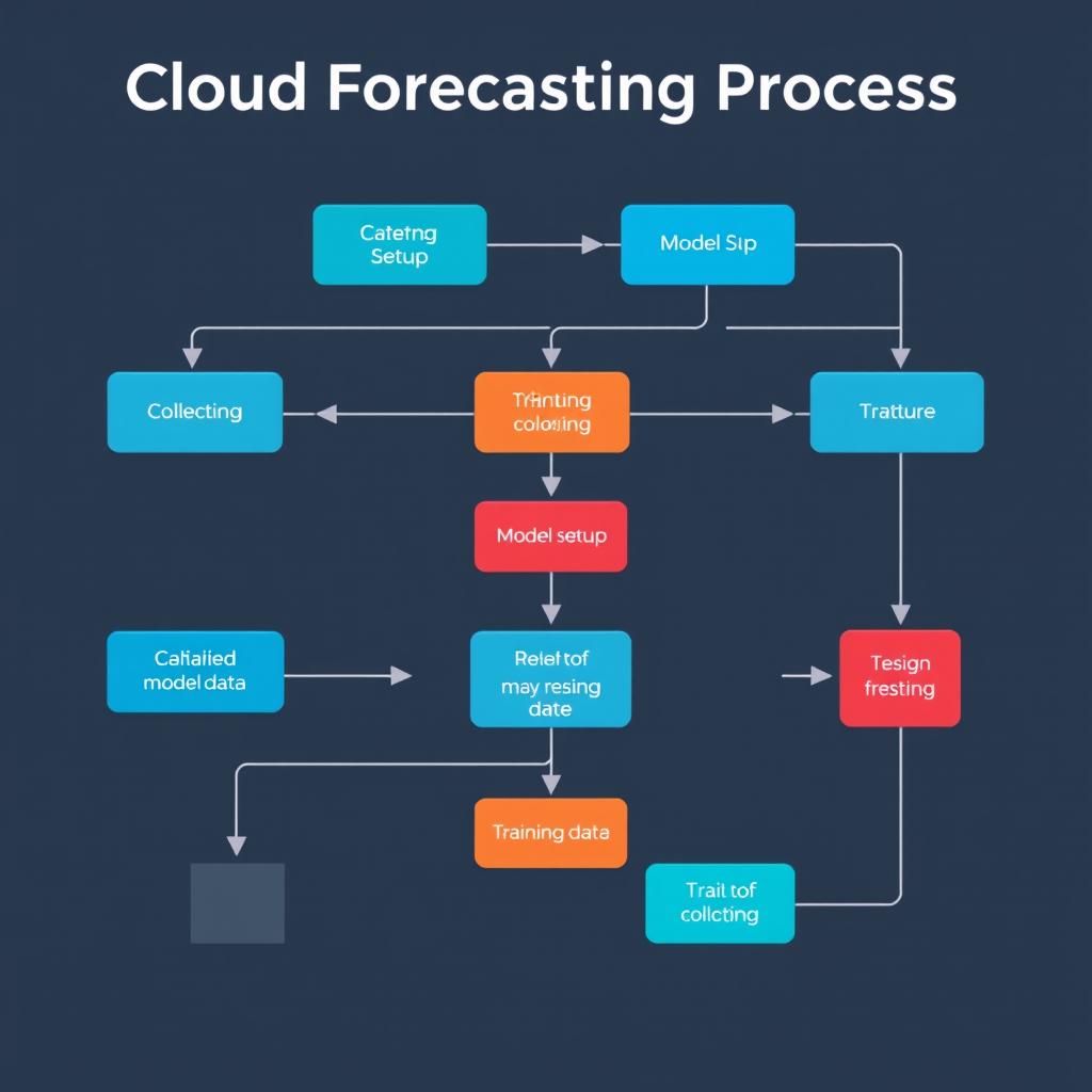 Design a flowchart illustrating the steps of the cloud forecasting process, which includes data collection, data preparation, data splitting, model setup, training the model with training data, testing the model, and evaluating the model's performance